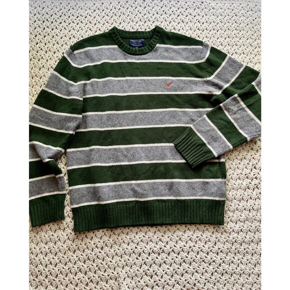 Vintage Y2K American Eagle Green Gray Striped Wool Blend Sweater Size Large - Picture 1 of 5